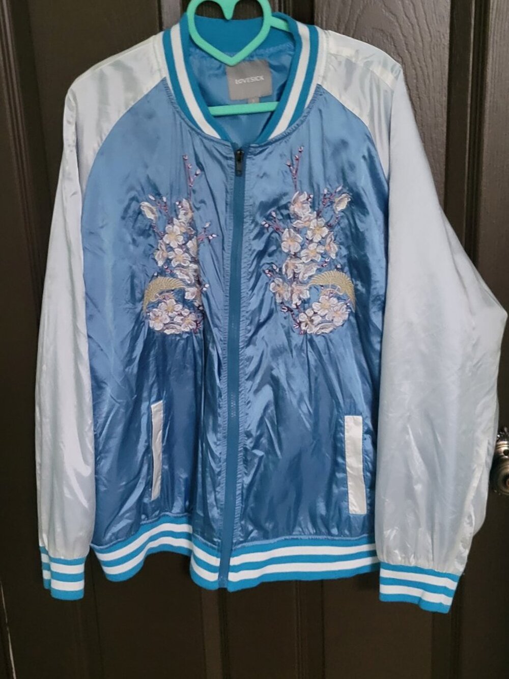 Embroidered Blue and White Satin Bomber Jacket